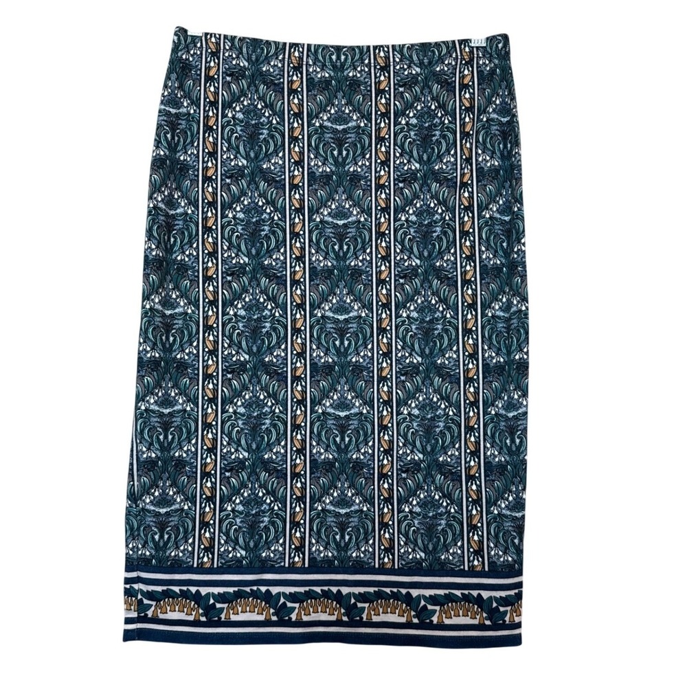 Max Studio Womens Teal Navy Damask Floral Stripe Pencil Skirt Stretch Size M